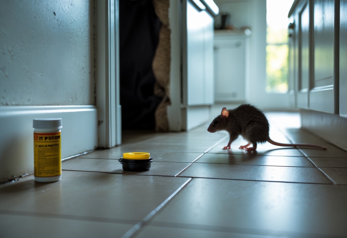 A kitchen floor with a small container of rat poison near a wall, and a rat retreating into a hole in the wall.