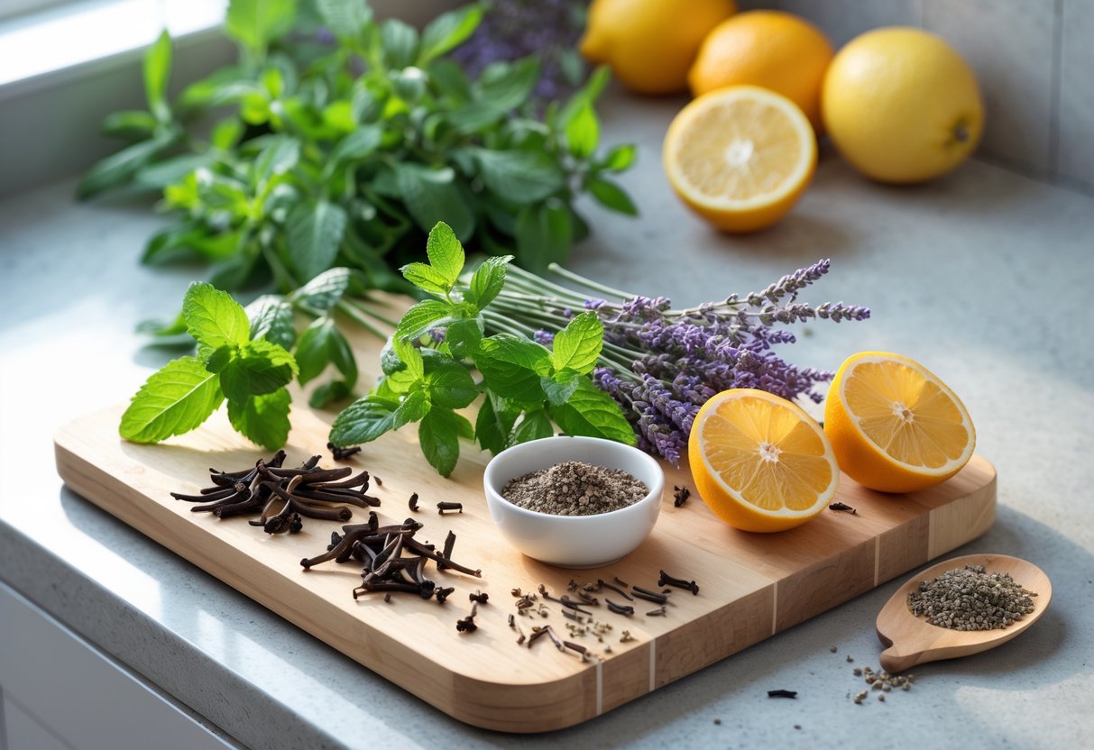 A kitchen countertop displaying mint, cloves, dried lavender, black pepper, and sliced citrus fruits arranged as natural rat deterrents.