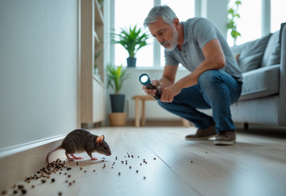 A person inspecting a living room with a small rat visible near the corner and signs of rat presence on the floor.