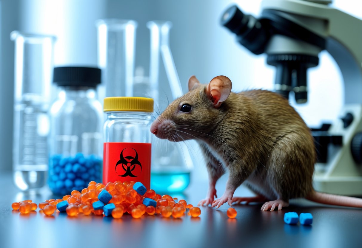 A brown rat near colorful rodenticide pellets on a lab table with scientific equipment in the background.
