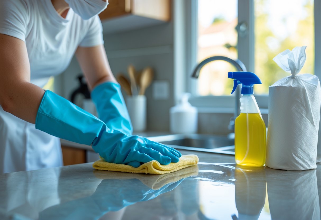 Person wearing gloves and a face mask cleaning a kitchen countertop with disinfectant and paper towels.