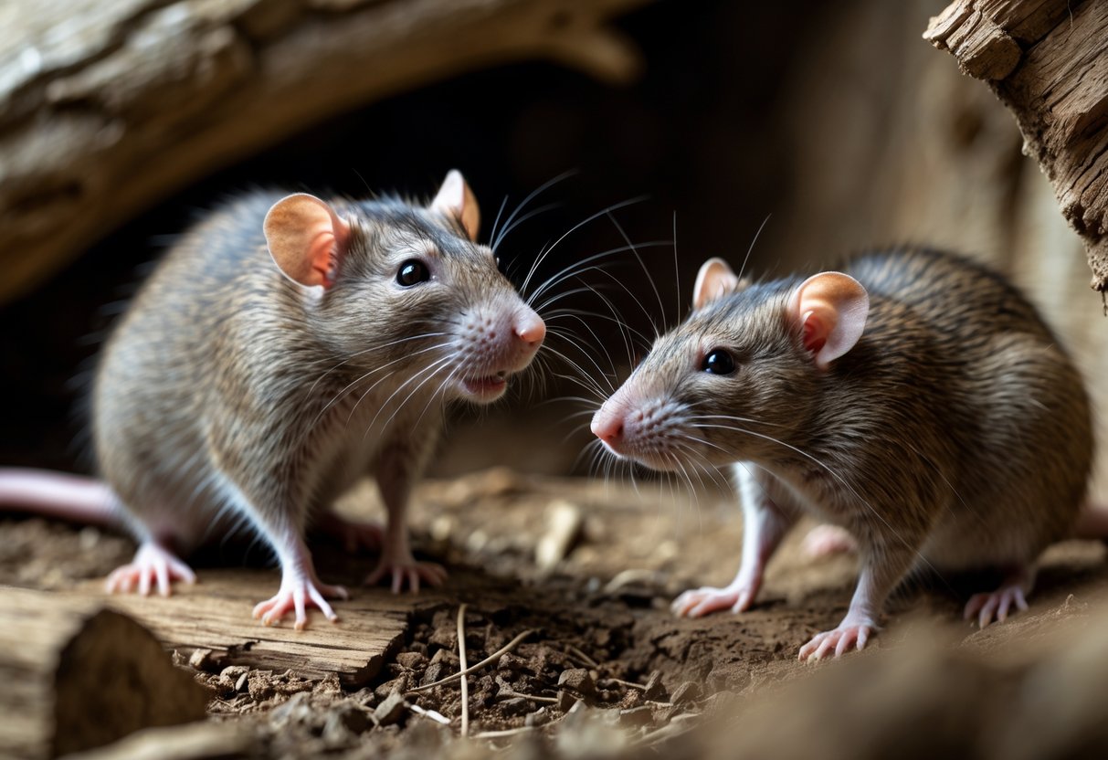 Two rats in a natural setting, one appearing to warn the other as they interact closely.
