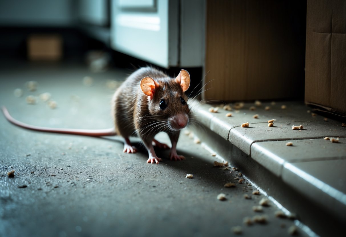 A single brown rat on a kitchen floor near a cardboard box with small droppings nearby.