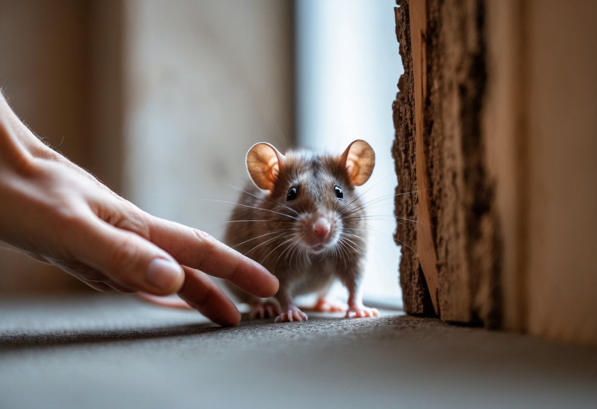 A small brown rat cautiously peeking out as a human hand reaches towards it.