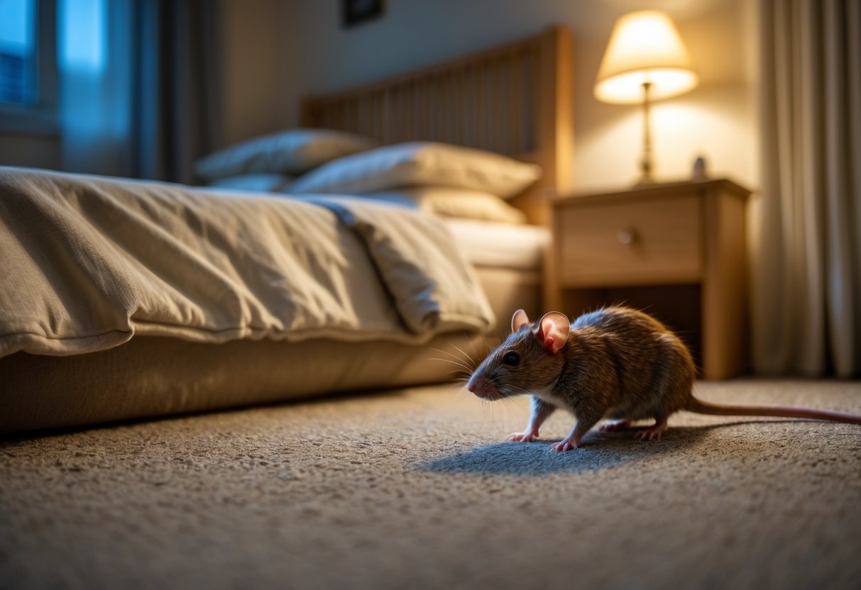 A cozy bedroom at night with a small brown rat near the bed on the floor.