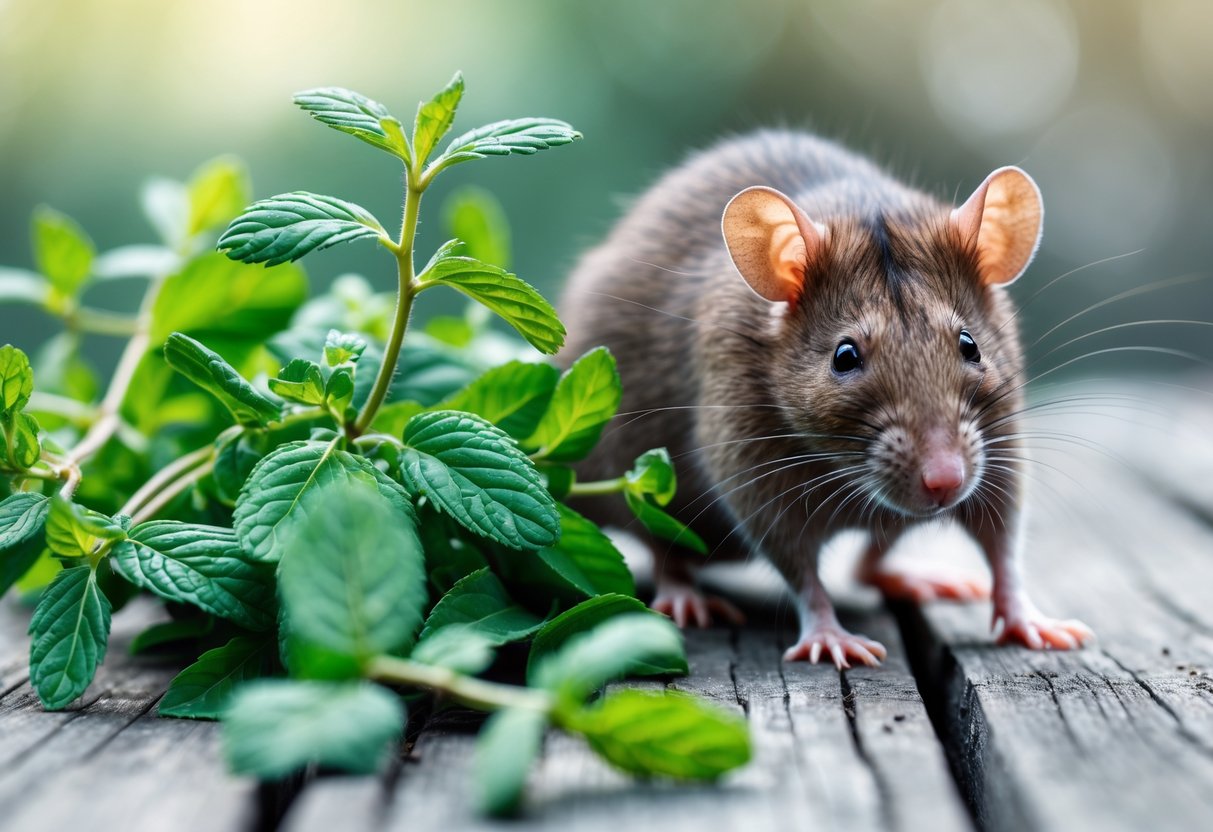 A brown rat recoiling near fresh peppermint leaves and eucalyptus on a wooden surface.