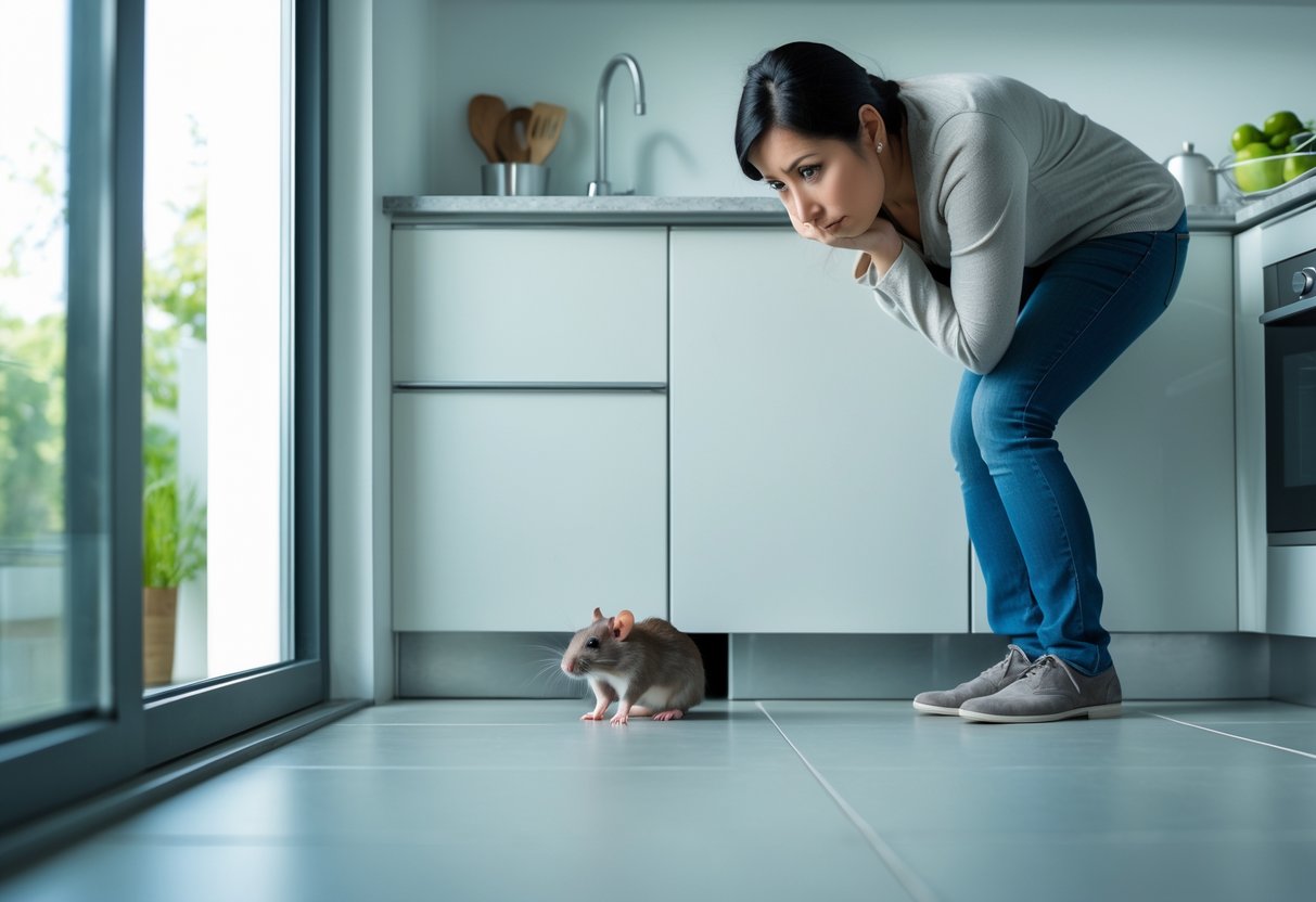 A person looking down at a small rat peeking from behind a kitchen cabinet in a clean kitchen.