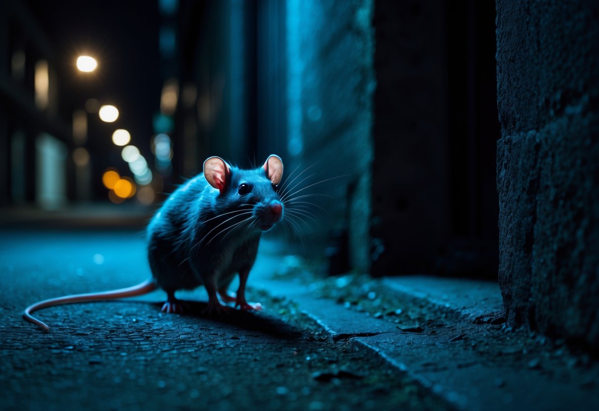 A rat cautiously peeking out from a dark alley at night, with shadows of a predator in the background.