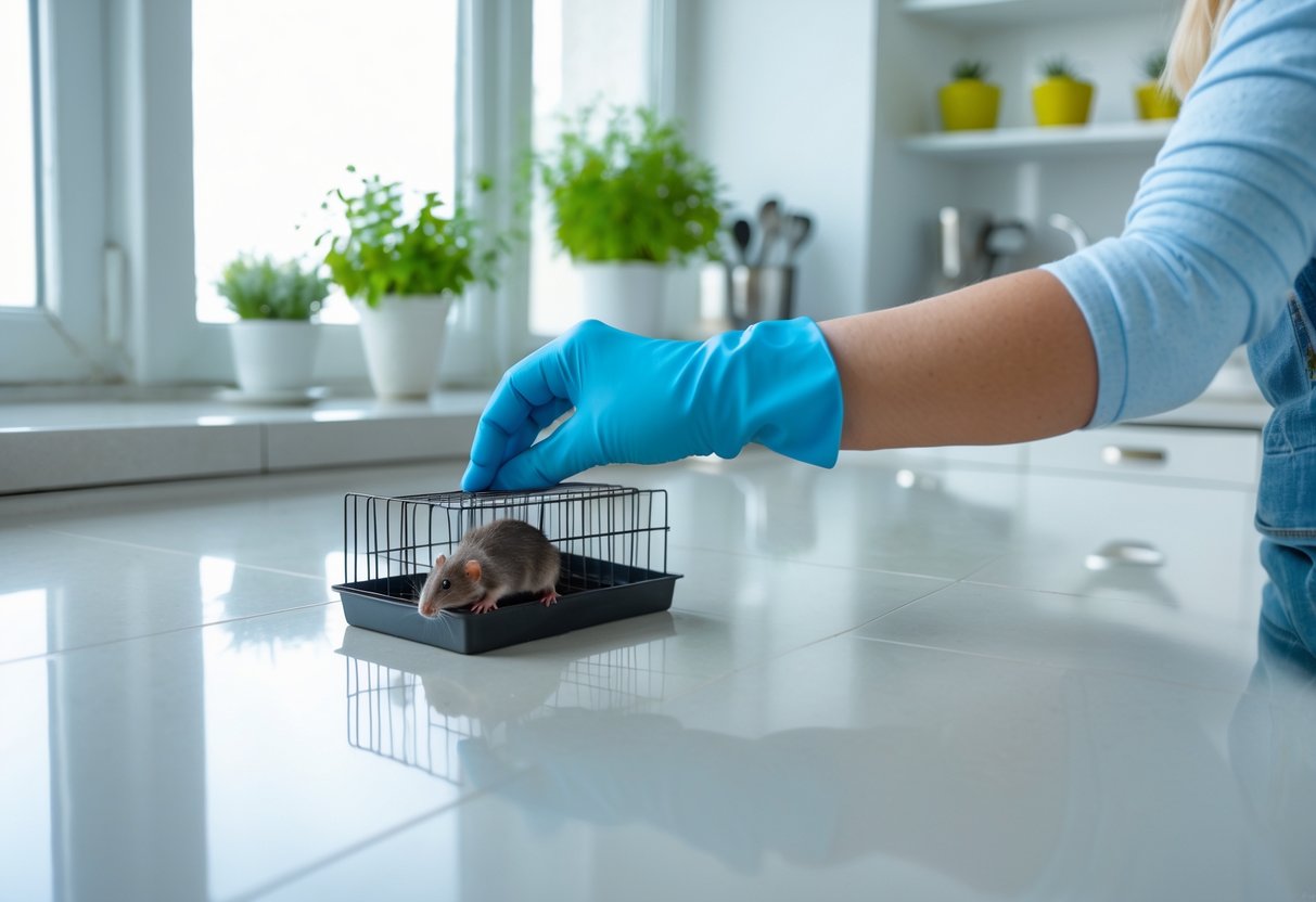 A person placing a humane live rat trap on the floor in a clean, bright kitchen.