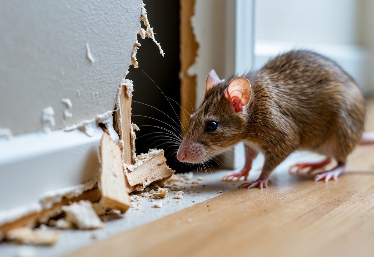 A brown rat near a hole chewed through an interior wall in a residential room.