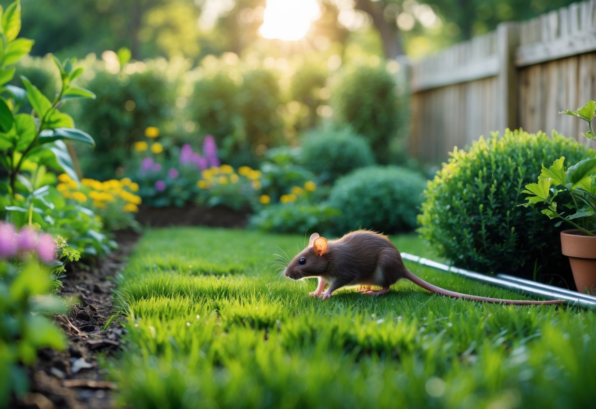 A small brown rat exploring a green garden with flowers and bushes in daylight.