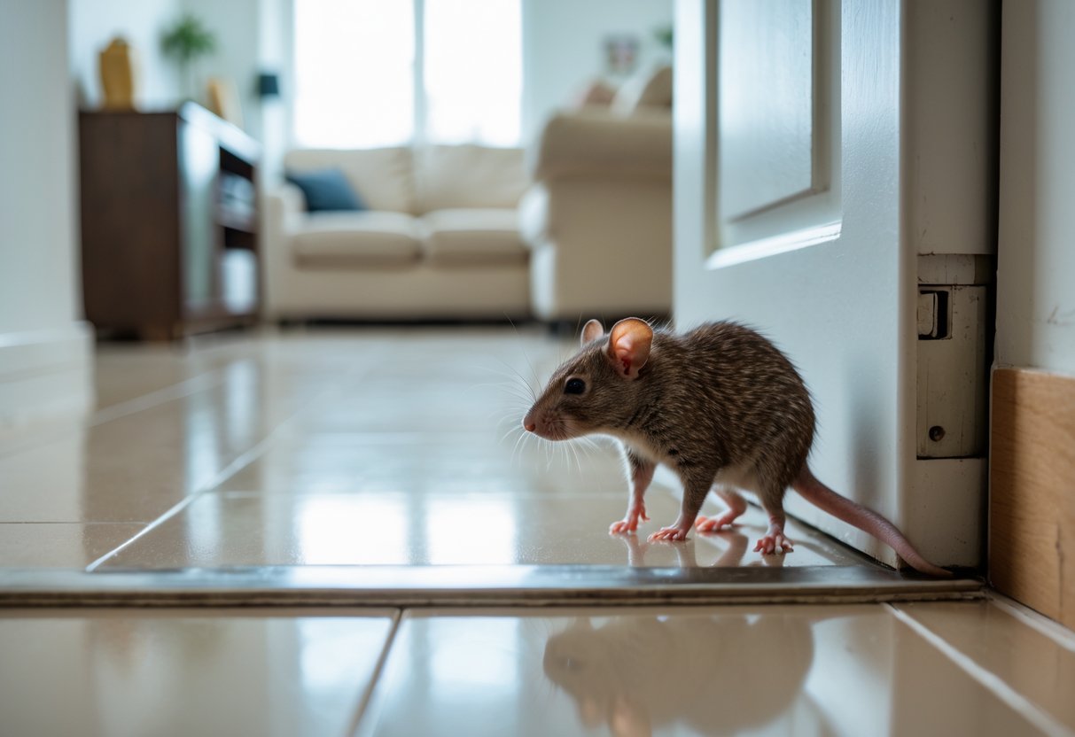 A small rat cautiously entering a modern home interior through a slightly open door.