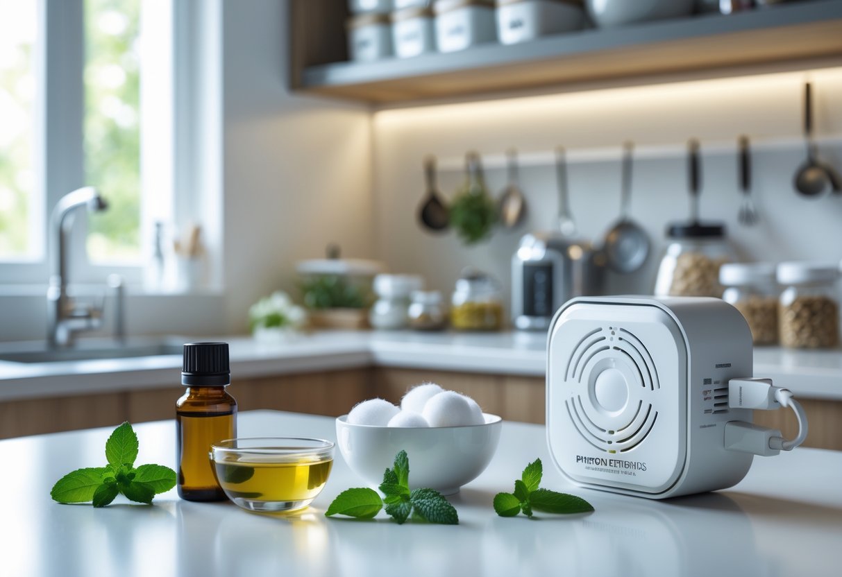 A kitchen countertop with peppermint oil, mint leaves, and an ultrasonic pest repellent device, illustrating rat repellent methods.