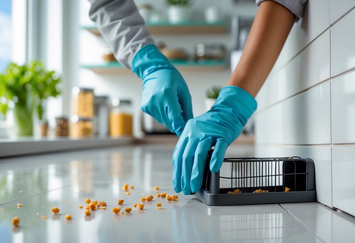 A person wearing gloves places a humane rat trap on the kitchen floor near the baseboard in a clean and organized kitchen.