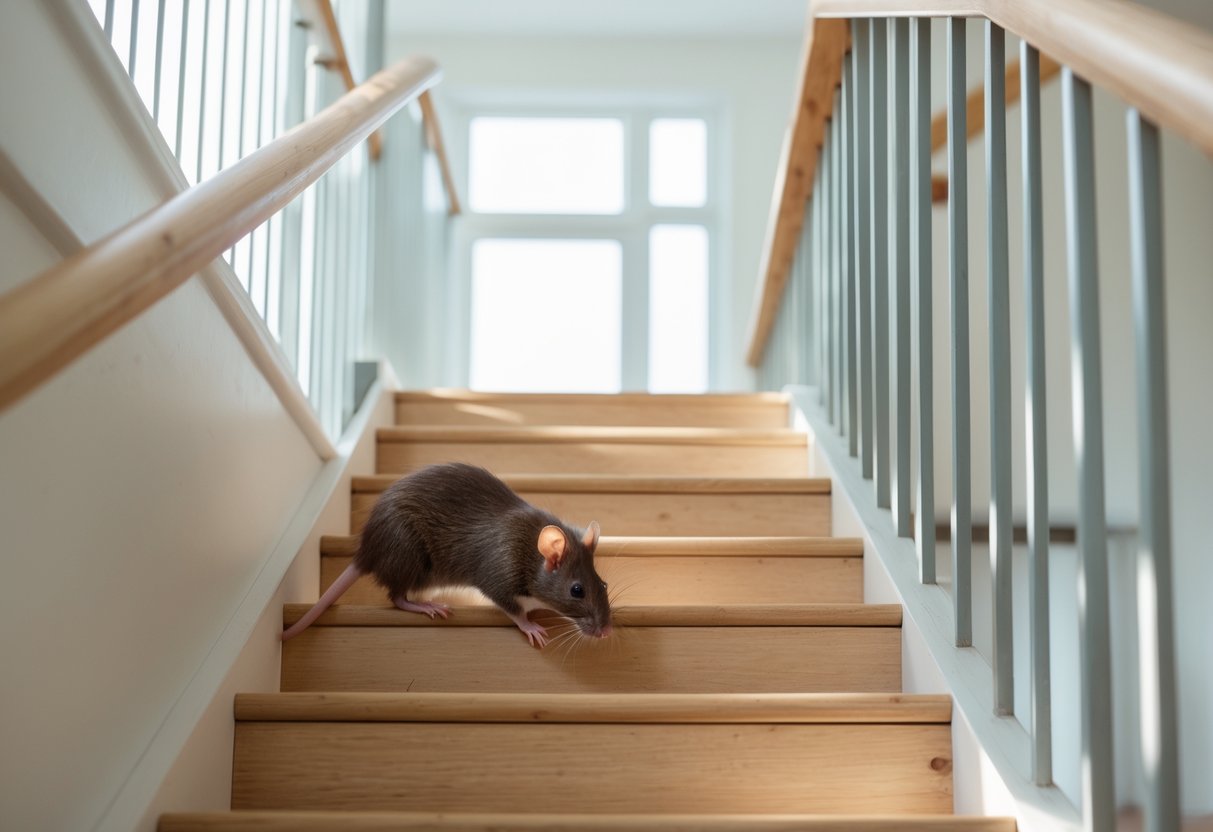 A brown rat cautiously climbing a clean wooden staircase inside a well-lit home.