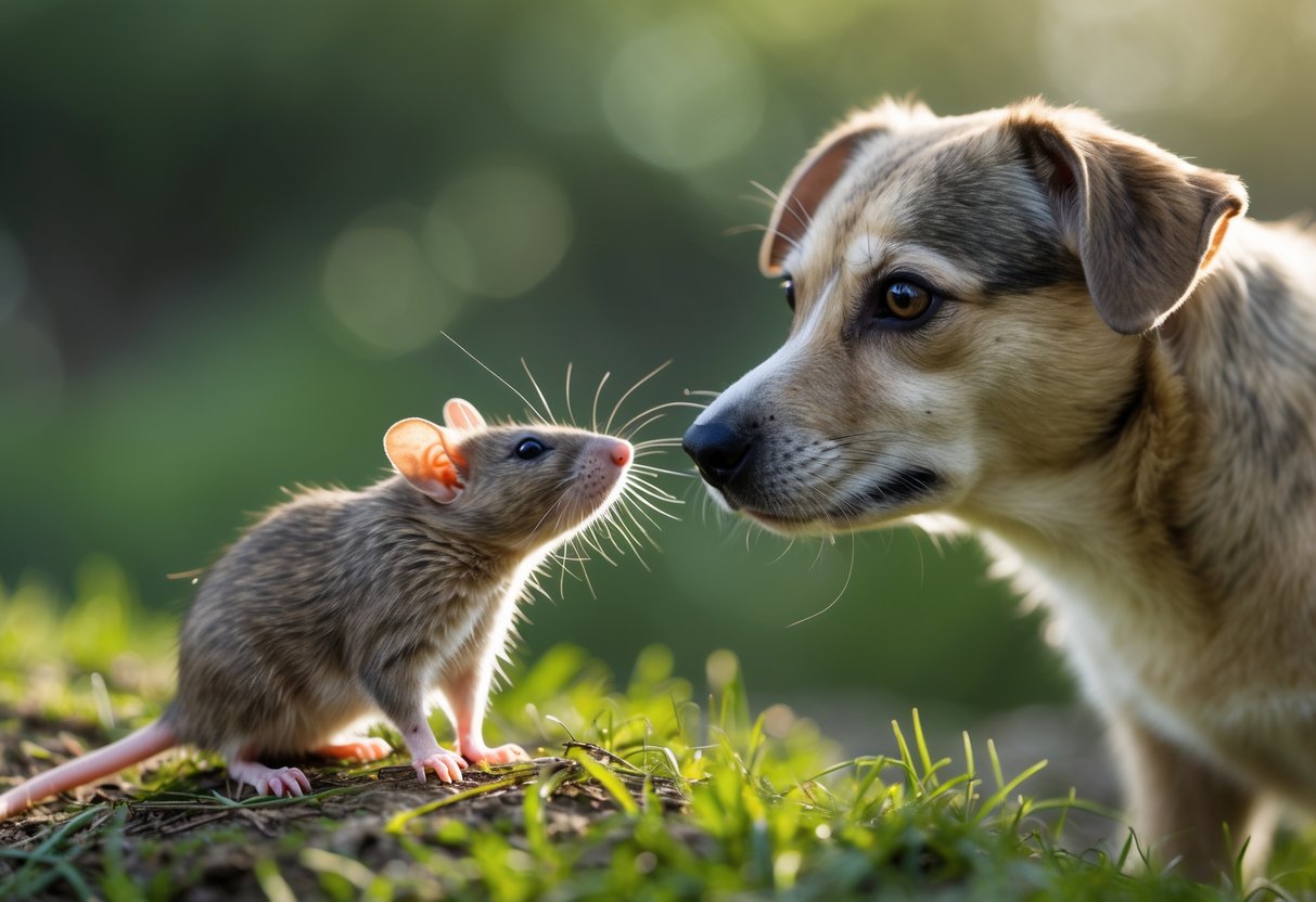 A small rat looking up at a calm dog in a grassy outdoor area.