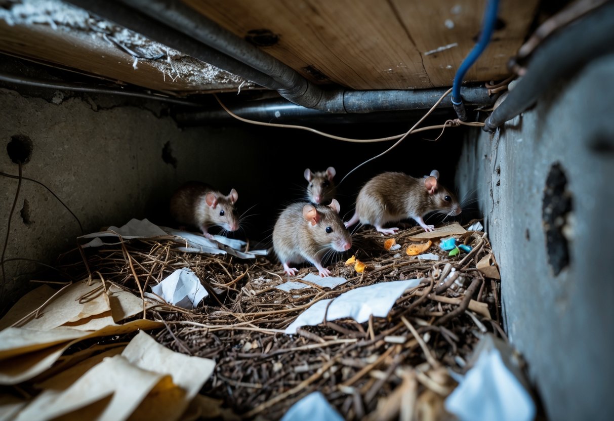 A cluttered rat den inside a wall cavity with shredded materials and several rats resting and exploring.