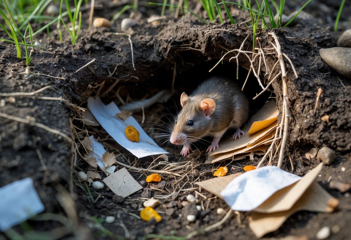 Close-up view of a rat den entrance in soil with nesting materials and small food remnants inside.
