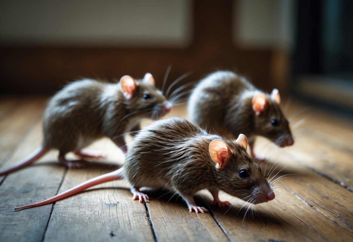 A group of rats near a lifeless rat on a wooden floor, with some rats appearing alert and cautious.