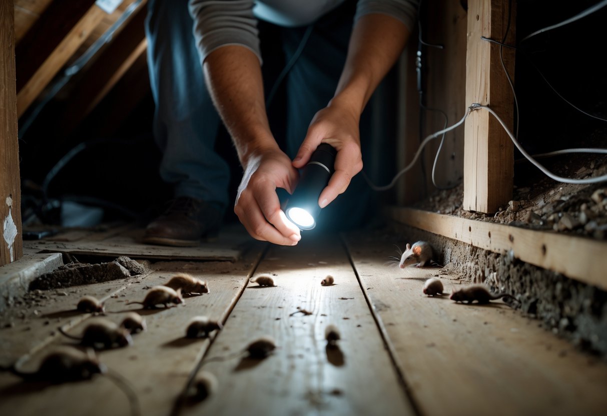 A person inspecting a dark corner of an attic with a flashlight, looking for signs of rats like droppings and gnaw marks.
