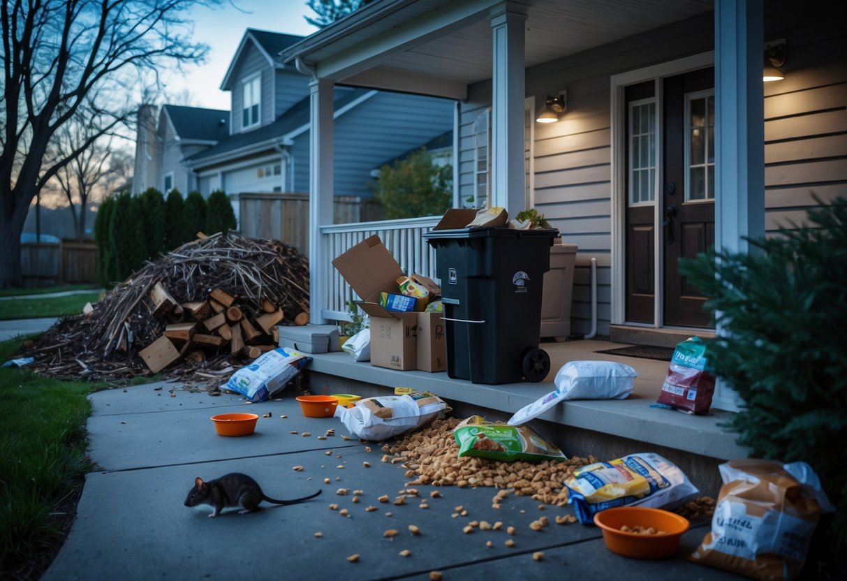 A house exterior showing an overflowing garbage bin, spilled pet food bowls, a compost pile, and cluttered woodpiles near the foundation.
