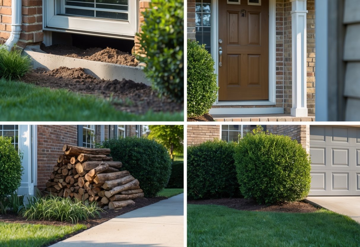 Exterior of a suburban home showing common rat shelter spots like gaps in the foundation, woodpiles, bushes, vents, and an open garage door.
