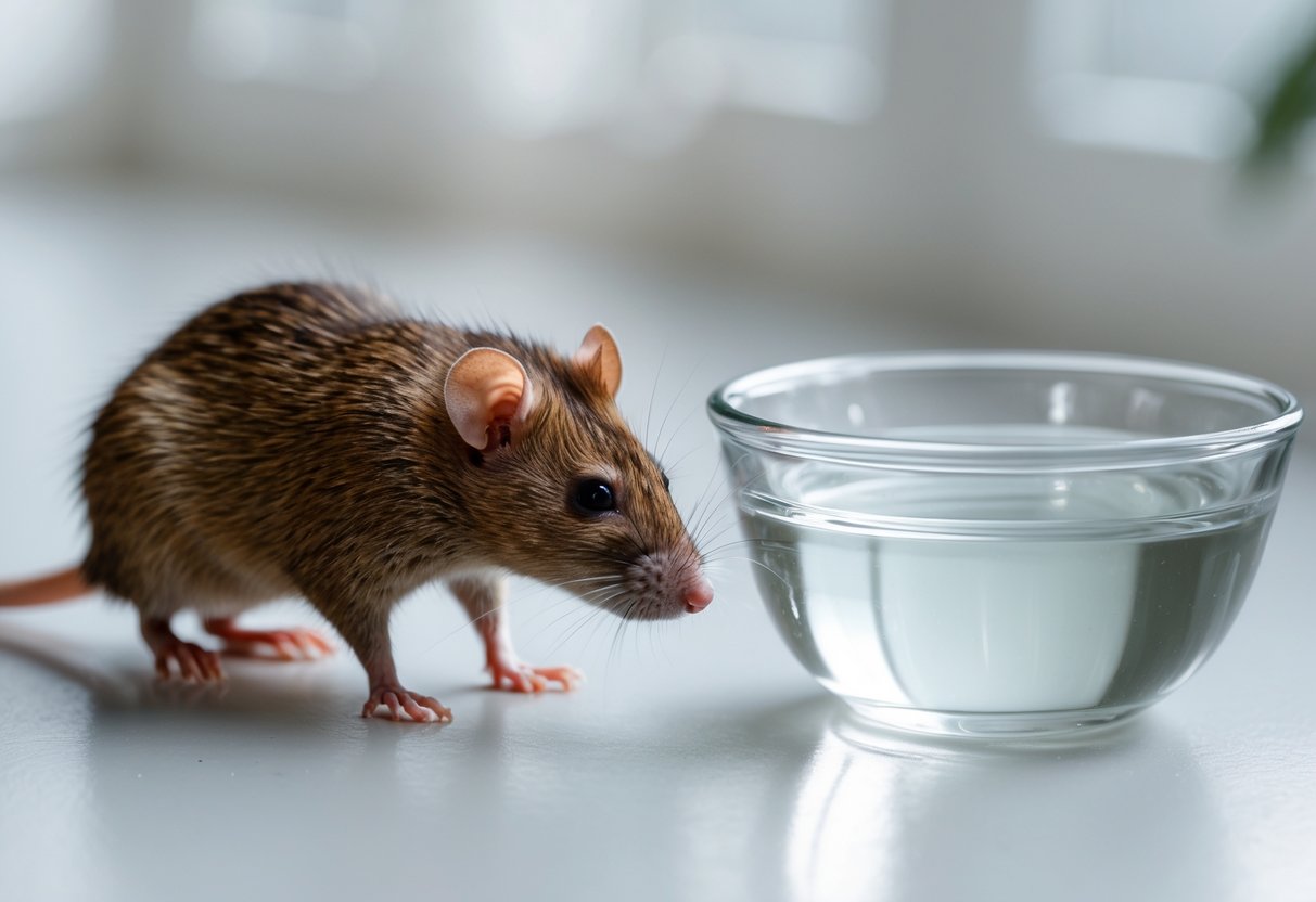 A small brown rat sniffing near a bowl of vinegar on a white surface.