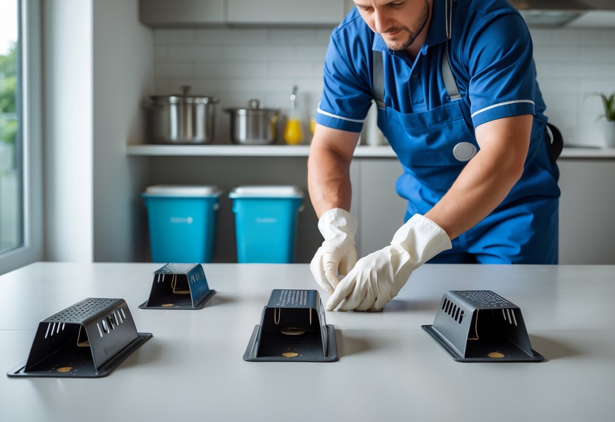 A person wearing gloves setting humane rat traps in a clean kitchen to remove rats permanently.