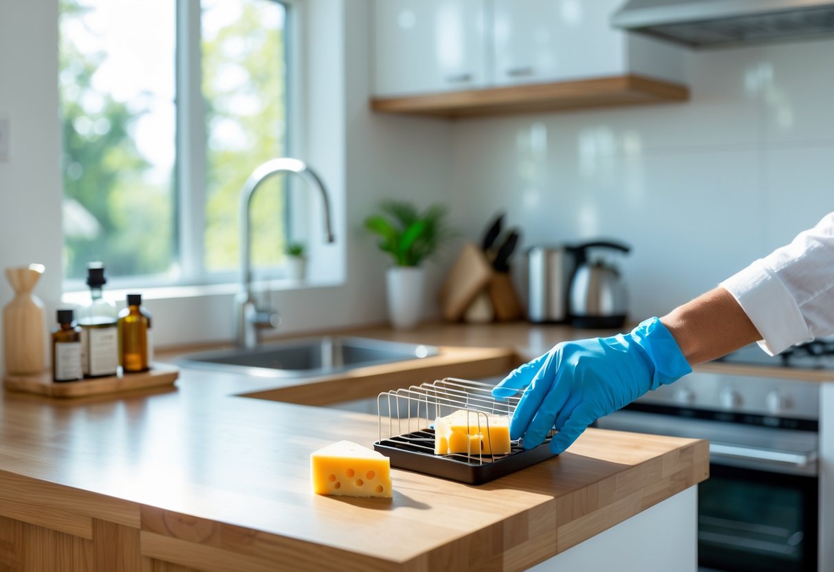 A person placing a humane rat trap in a clean kitchen with natural pest control items on the counter.