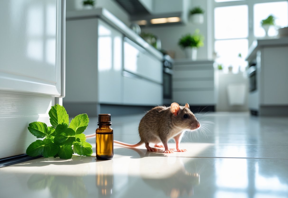 A small rat peeks from behind a kitchen baseboard near peppermint leaves and a bottle of peppermint oil on the counter.