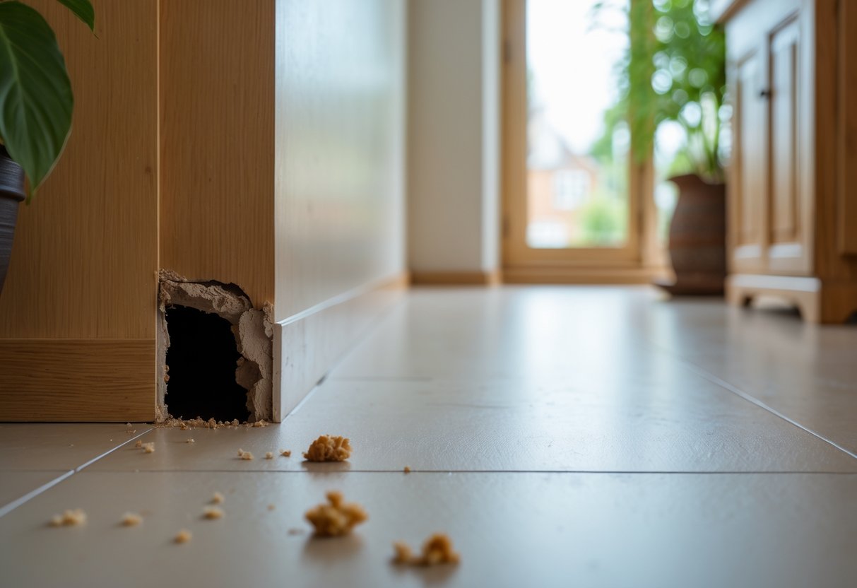 Interior of a living room with a small hole near the baseboard and crumbs on the floor, suggesting possible rat activity.