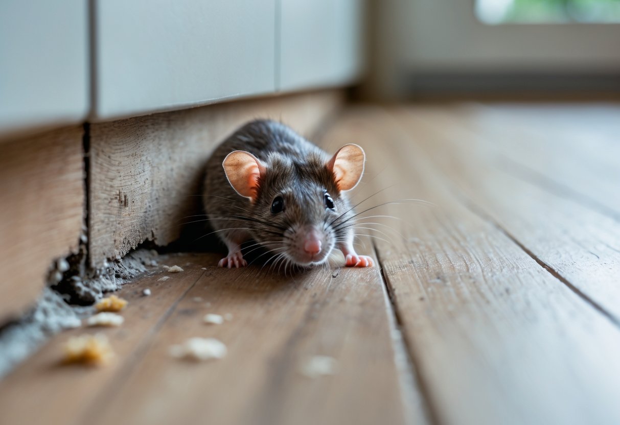 A small rat peeking out from a crack in a wooden kitchen floor near the baseboard.
