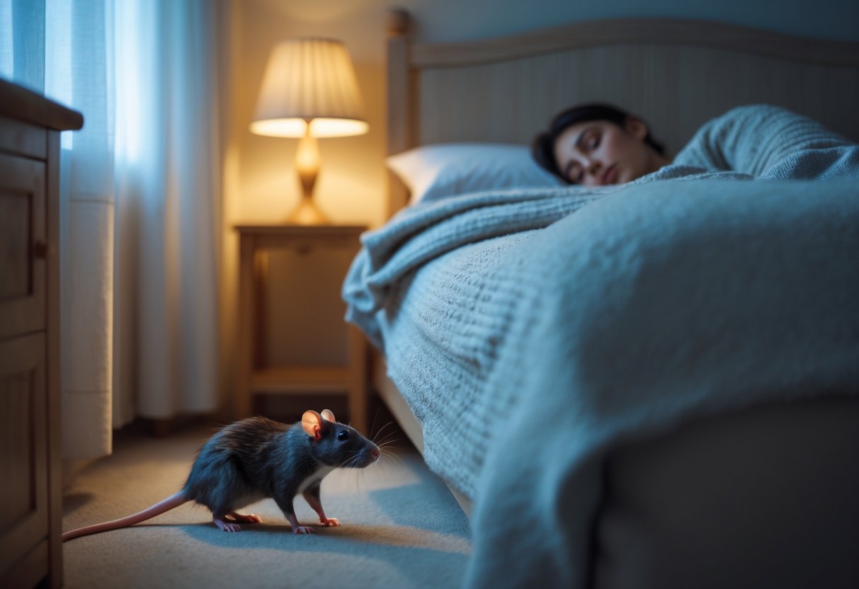 A small rat near the foot of a bed where a person is sleeping peacefully.