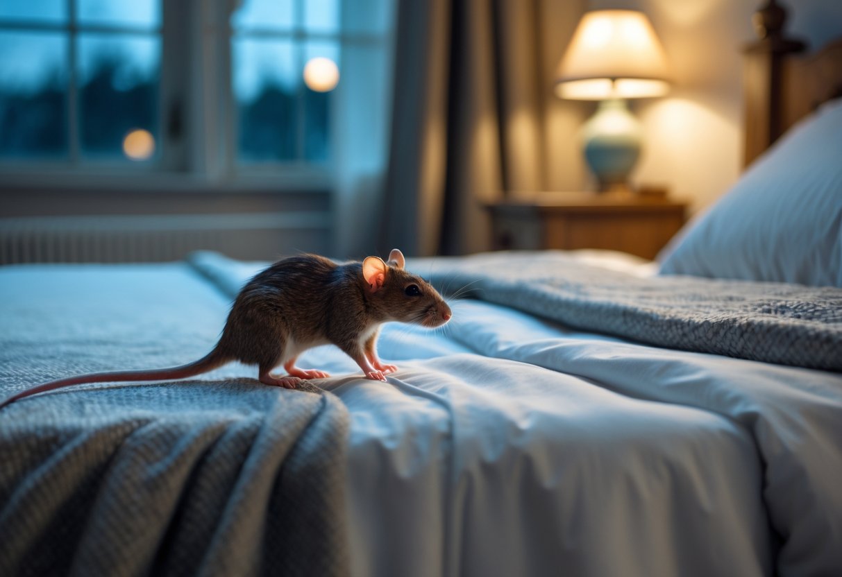 A brown rat climbing up the side of a neatly made bed in a softly lit bedroom at night.