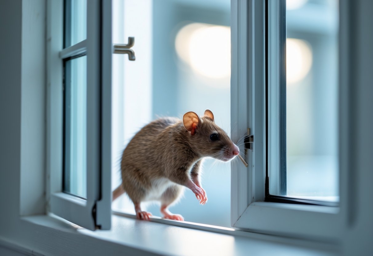 A small brown rat climbing through an open window into a house.
