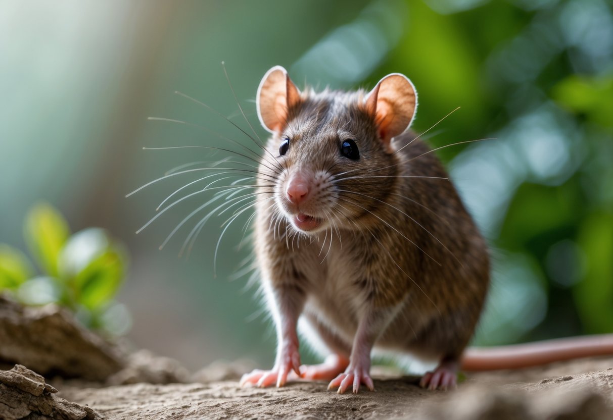 A close-up of a brown rat standing on its hind legs in a natural outdoor setting.