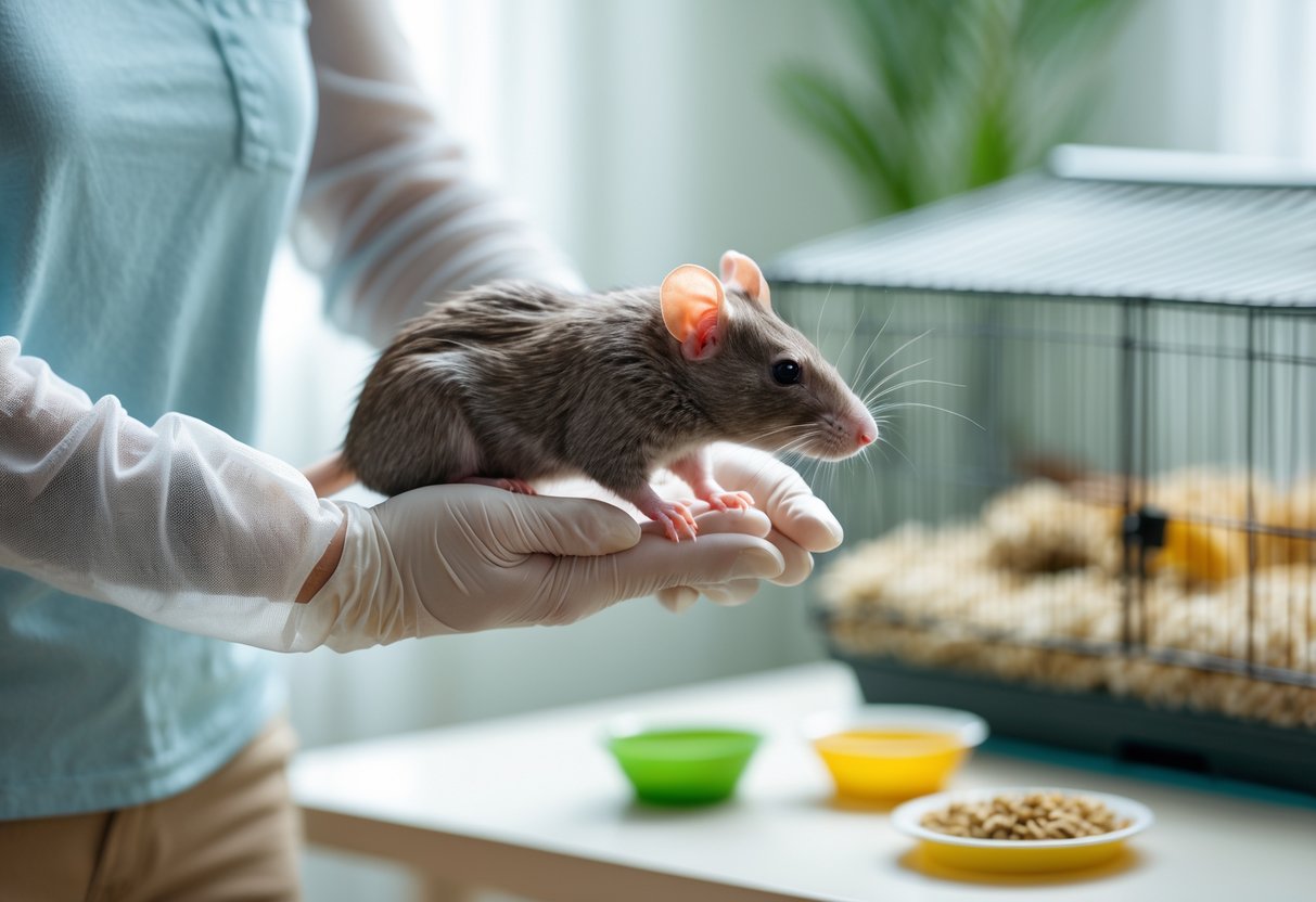 A person wearing gloves gently holding a pet rat near a clean cage with food and toys.
