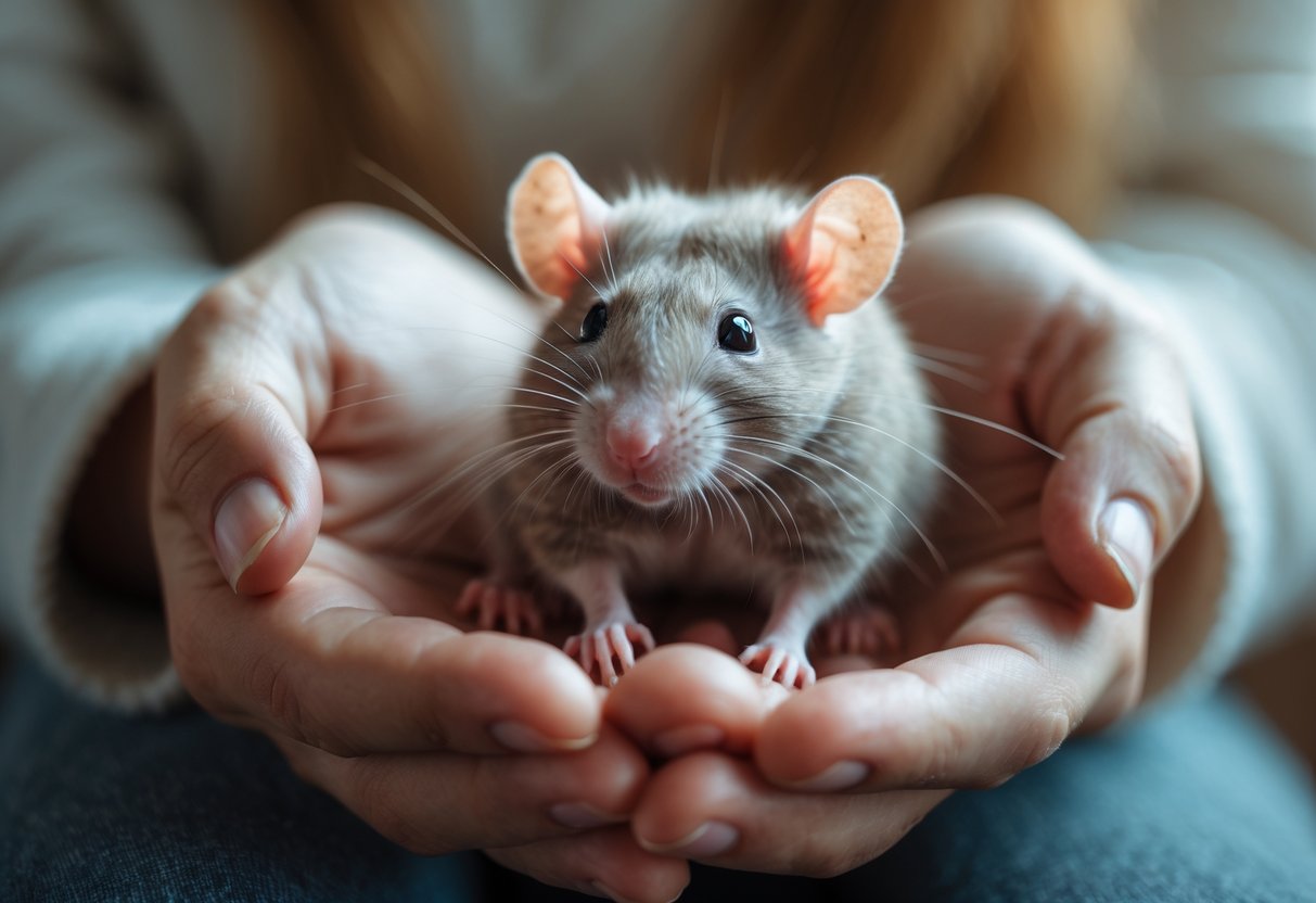 A person gently holding a calm rat in their hands indoors.