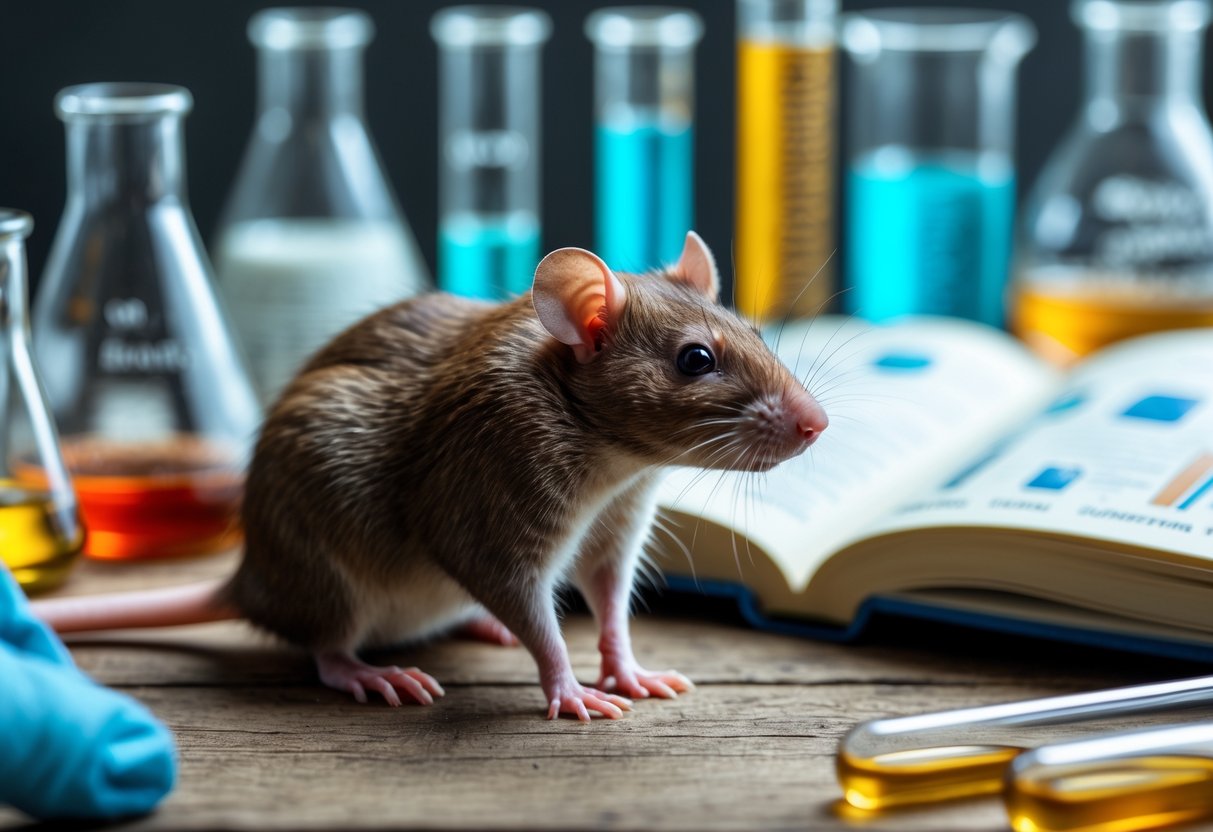 A brown rat sitting on a wooden surface with laboratory glassware and an open biology book in the background.