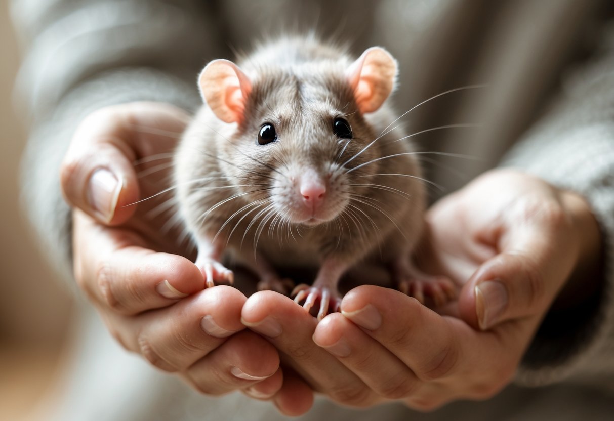 A person gently holding a calm pet rat in their hands.