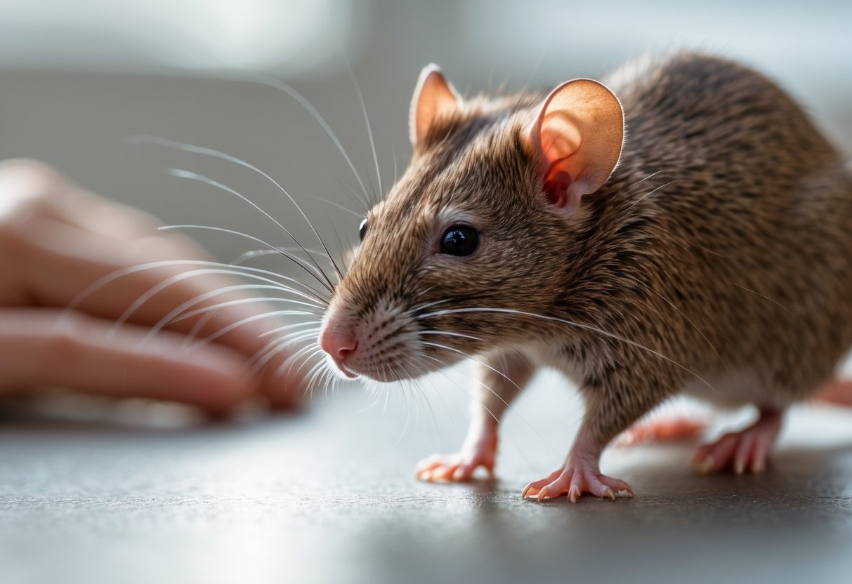 A close-up of a brown rat sniffing the air indoors with a blurred human figure in the background.