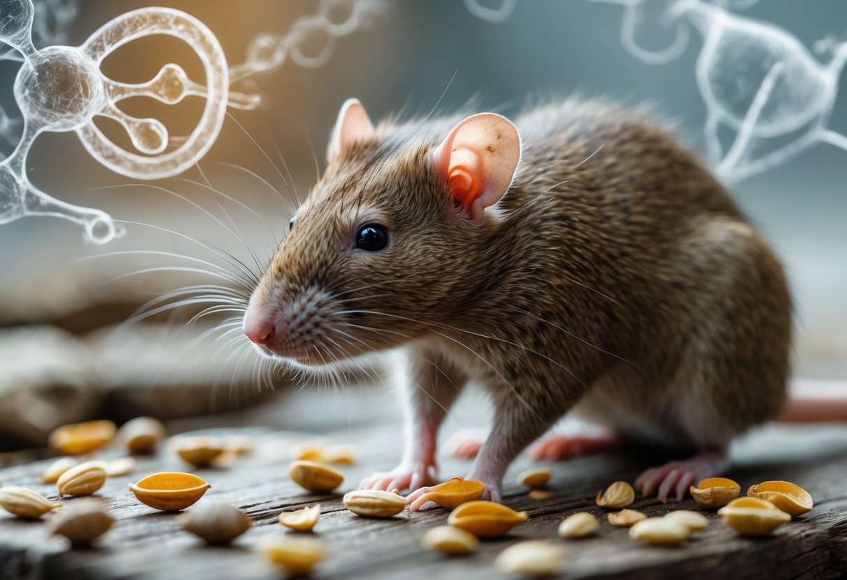 Close-up of a brown rat on a wooden surface with scattered grains, with faint scientific illustrations in the background.