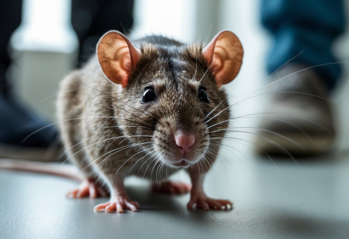 A close-up of a rat sniffing the air indoors with a blurred human figure in the background.