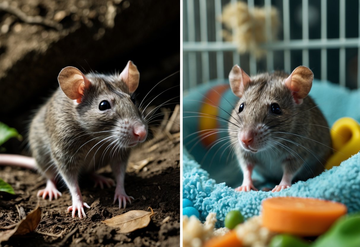 A wild rat outdoors on dirt and leaves next to a pet rat inside a clean cage with bedding and toys.