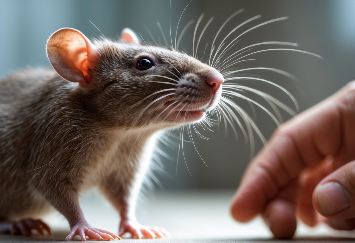 A close-up of a rat sniffing the air with a blurred human hand in the background.