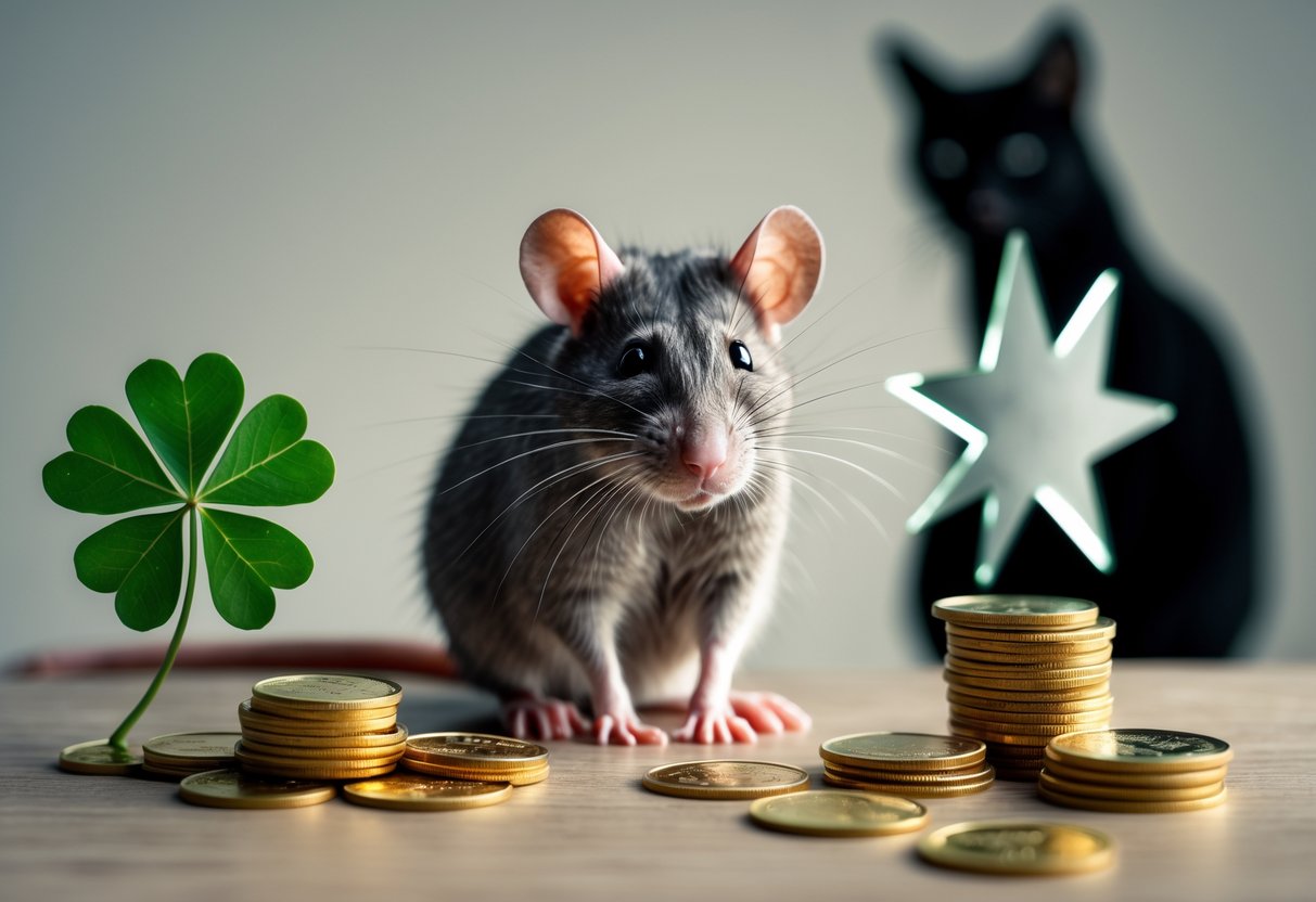 A rat sitting on a wooden surface with gold coins and a four-leaf clover on one side, and a broken mirror shard and black cat silhouette on the other.