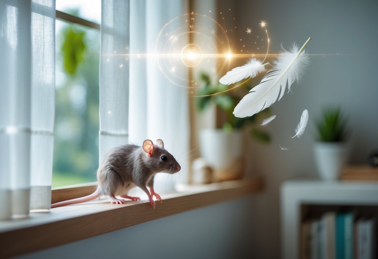 A small rat sitting on a wooden windowsill inside a peaceful, softly lit home interior with plants and books in the background.