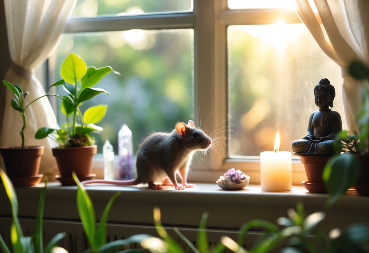 A small rat sitting calmly on a sunlit windowsill surrounded by plants and spiritual objects inside a cozy home.