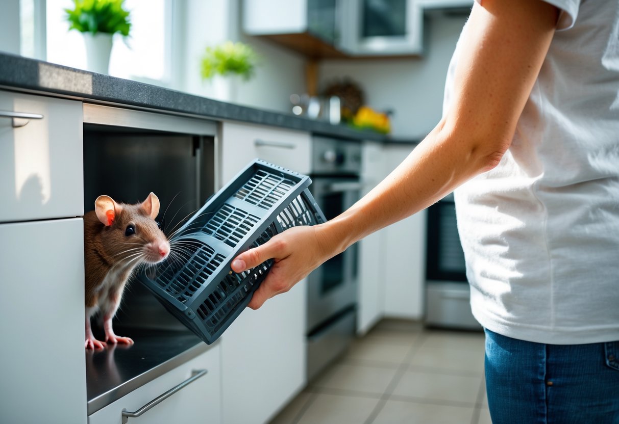 A person holding a humane rat trap near a small brown rat peeking from behind a kitchen cabinet in a clean kitchen.