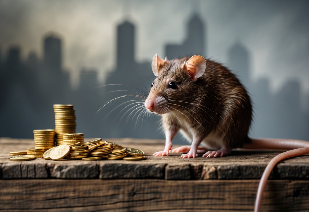 A brown rat sitting on a wooden surface surrounded by gold coins, puzzle pieces, and a faint cityscape in the background.